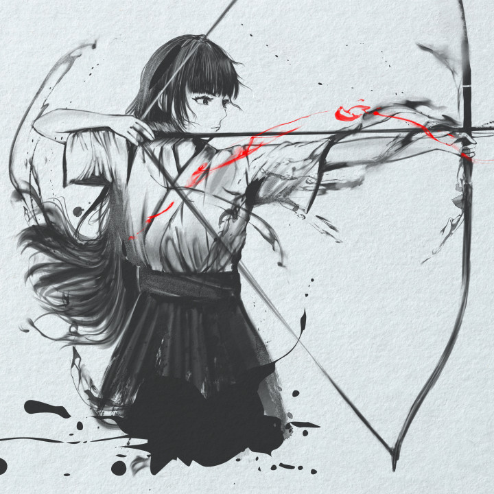 躍動感のある墨絵の人物画を描きます。黒一色で表現したどこにもない